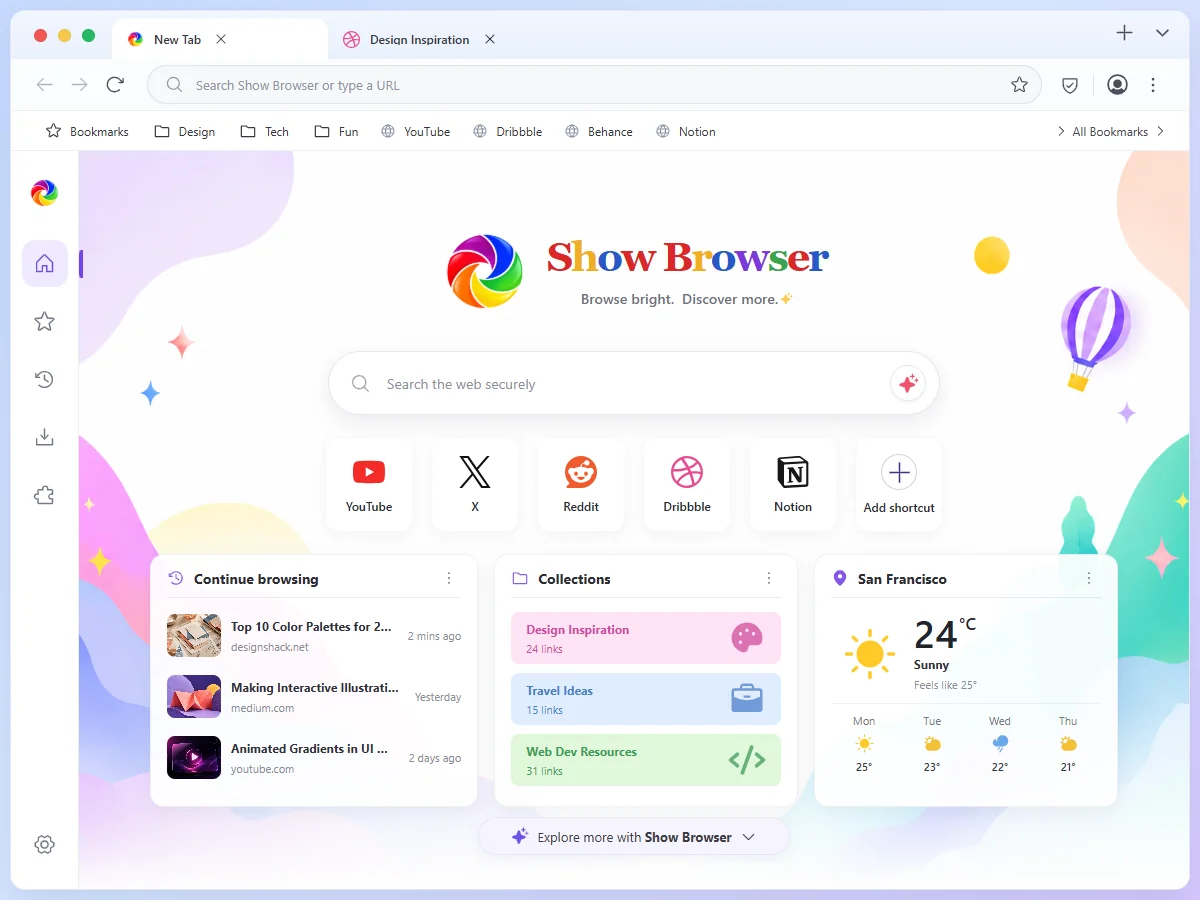 หน้าแท็บใหม่ของ Sage Showbrowser บน Windows พร้อมช่องค้นหา ประวัติล่าสุด และสภาพอากาศ